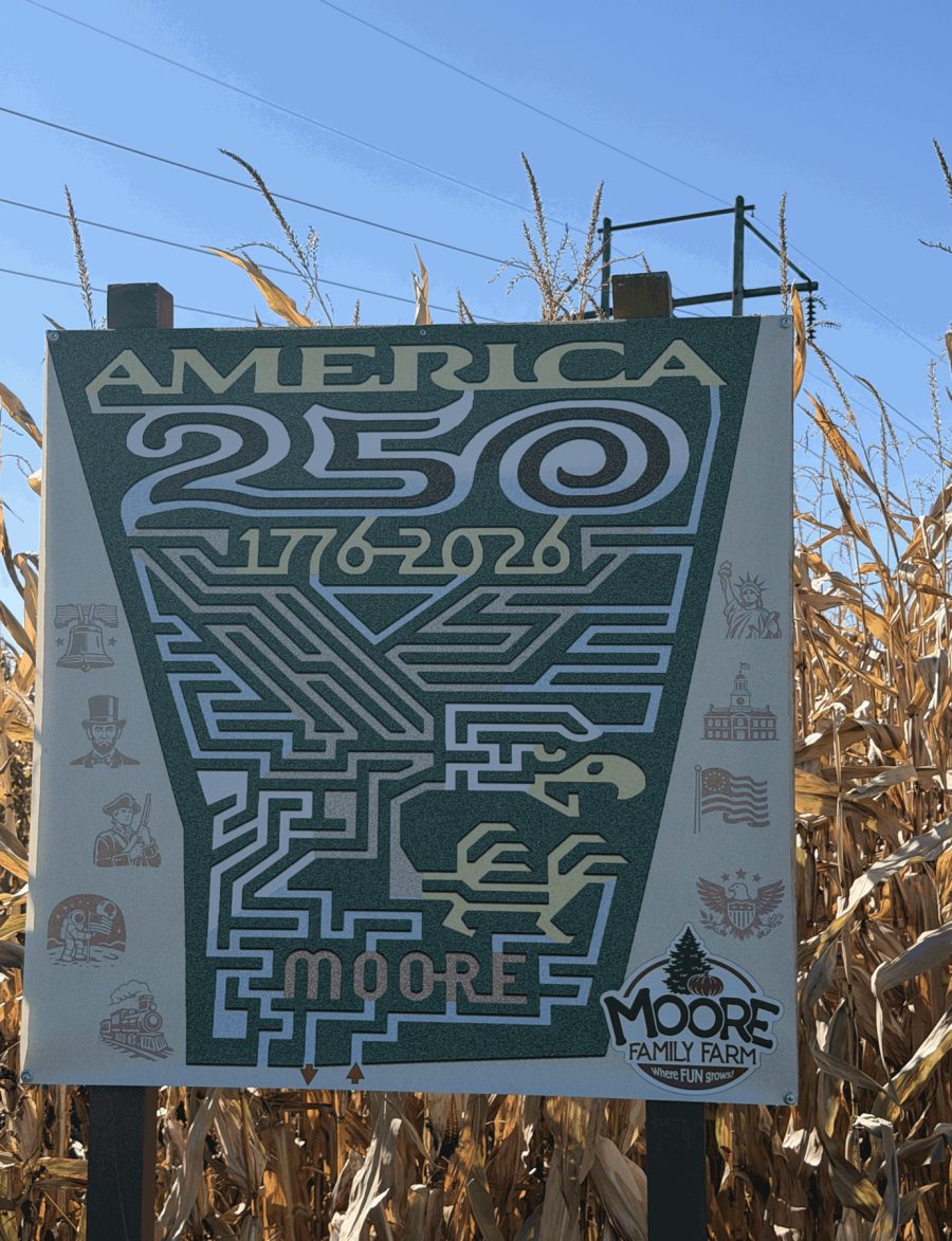 The America 250 maze map on a sign at the entrance to Moore Family Farm's corn maze